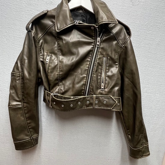 Zara Jackets & Blazers - Zara Cropped Faux Leather Moto Jacket Belted Olive Green‎ Women Size M